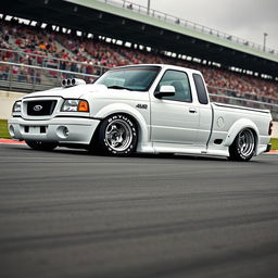 A high-quality image of a lowered, widebody, white 2003 Ford Ranger extended cab, drift-built with twin turbos and white letter tires