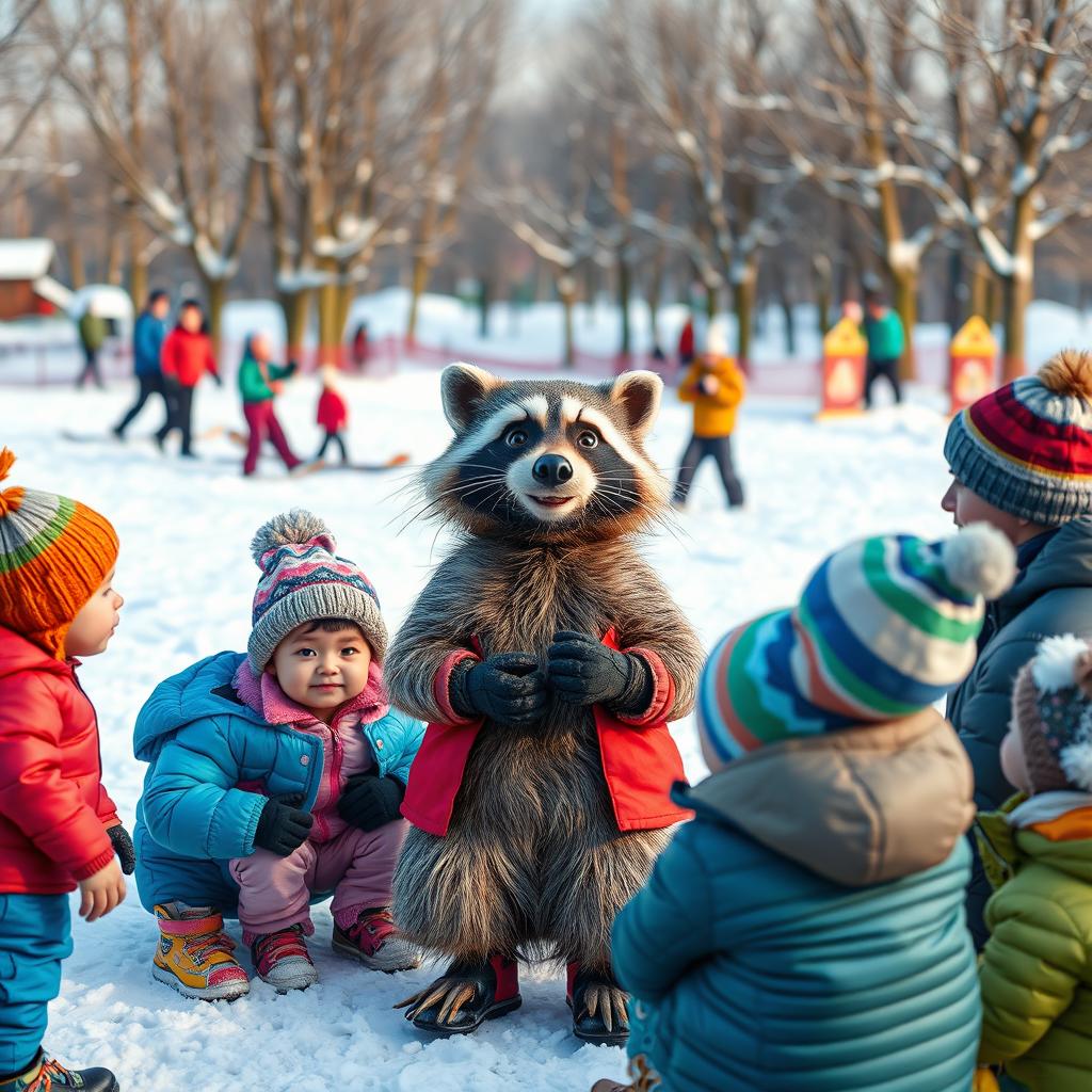 A whimsical scene in a snowy landscape featuring a wacky raccoon being lectured alongside children and adults on the fundamentals of good sportsmanship