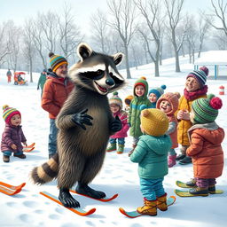 A whimsical scene in a snowy landscape featuring a wacky raccoon being lectured alongside children and adults on the fundamentals of good sportsmanship