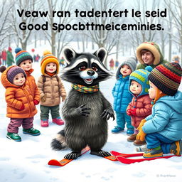 A whimsical scene in a snowy landscape featuring a wacky raccoon being lectured alongside children and adults on the fundamentals of good sportsmanship