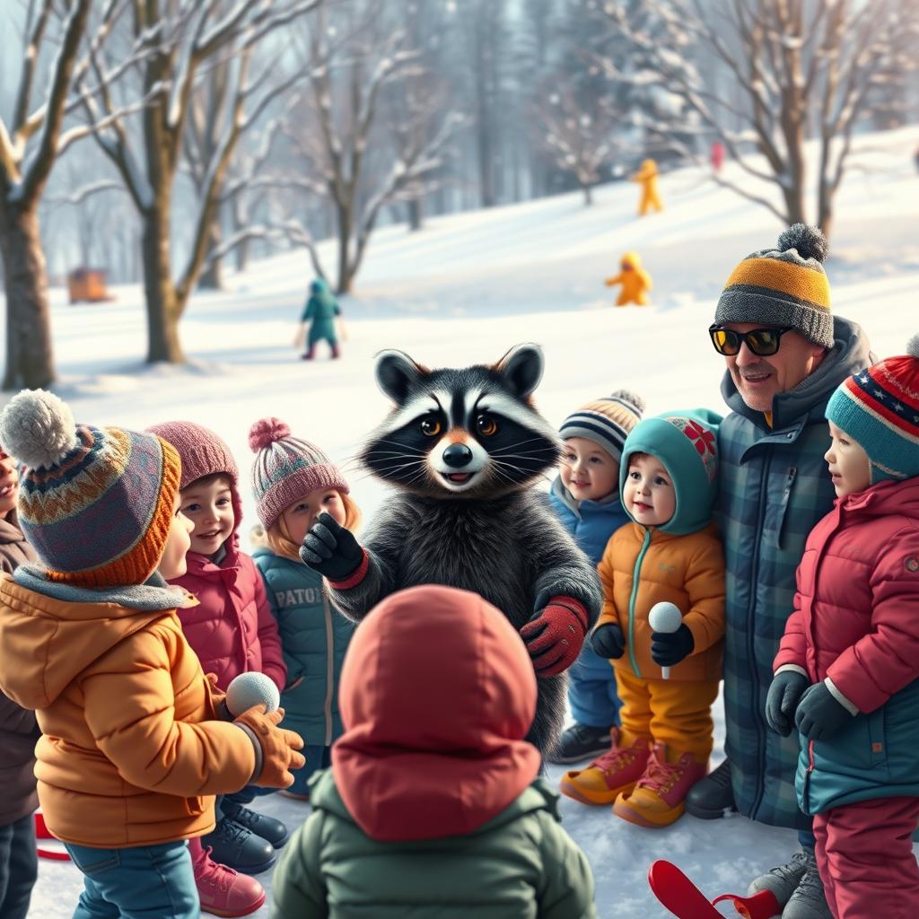 A whimsical scene in a snowy landscape featuring a wacky raccoon being lectured alongside children and adults on the fundamentals of good sportsmanship