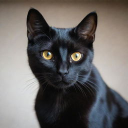 A sleek, black cat with bright, shining eyes and a glossy coat.