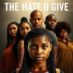 Create a movie poster for 'The Hate U Give' featuring 16-year-old Starr, who has long braids, in the front