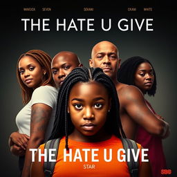 Create a movie poster for 'The Hate U Give' featuring 16-year-old Starr, who has long braids, in the front