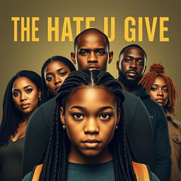 Create a movie poster for 'The Hate U Give' featuring 16-year-old Starr, who has long braids, in the front