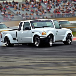 A high-quality image of a lowered, widebody, white 2003 Ford Ranger extended cab, drift-built with twin turbos and white letter tires