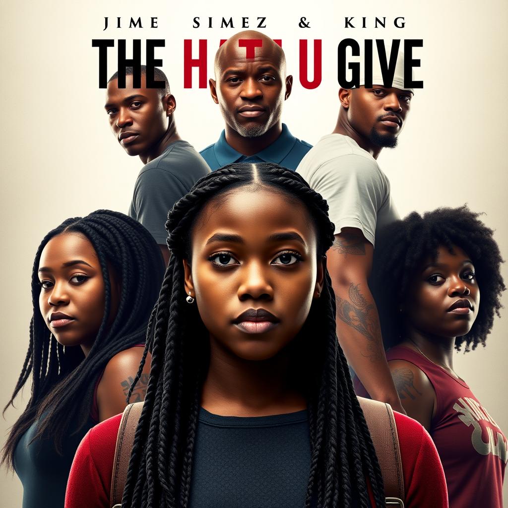 Create a movie poster for 'The Hate U Give' featuring 16-year-old Starr, who has long braids, in the front