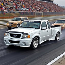 A high-quality image of a lowered, widebody, white 2003 Ford Ranger extended cab, drift-built with twin turbos and white letter tires