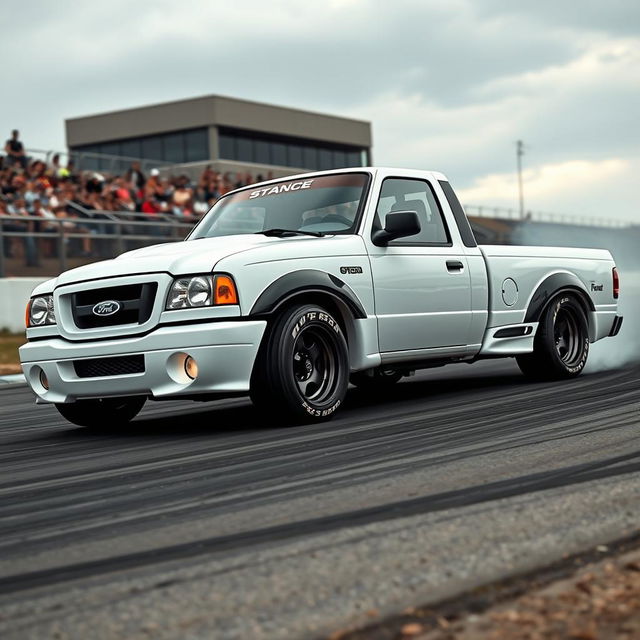 A high-quality image of a lowered, widebody, white 2003 Ford Ranger extended cab, drift-built with twin turbos and white letter tires