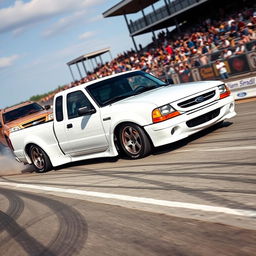 A high-quality image of a lowered, widebody, white 2003 Ford Ranger extended cab, drift-built with twin turbos and white letter tires