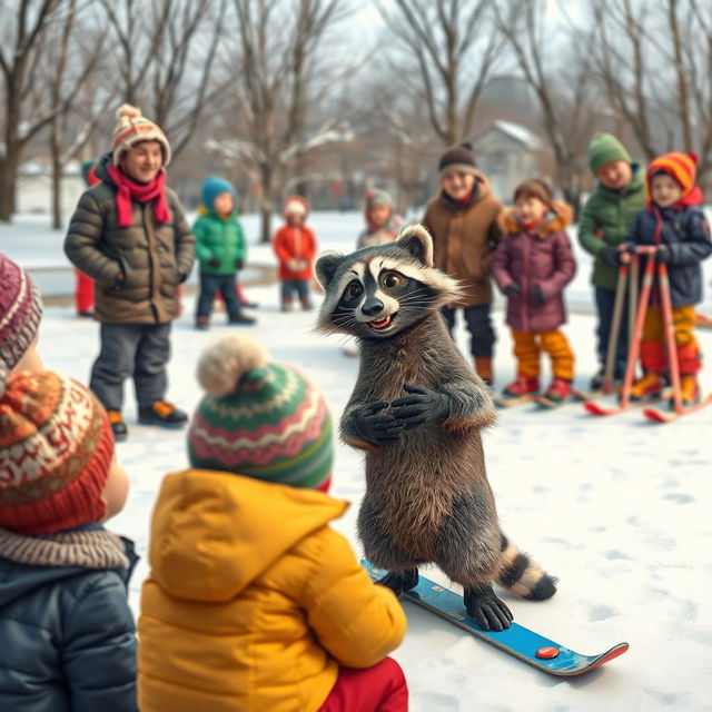 A whimsical scene in a snowy landscape featuring children, a wacky raccoon, and adults being lectured on the fundamentals of good sportsmanship