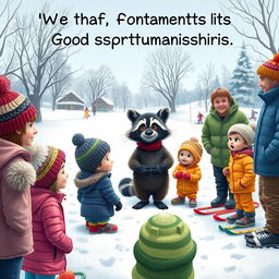 A whimsical scene in a snowy landscape featuring children, a wacky raccoon, and adults being lectured on the fundamentals of good sportsmanship