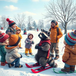 A whimsical scene in a snowy landscape featuring children, a wacky raccoon, and adults being lectured on the fundamentals of good sportsmanship