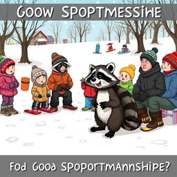 A whimsical scene in a snowy landscape featuring children, a wacky raccoon, and adults being lectured on the fundamentals of good sportsmanship