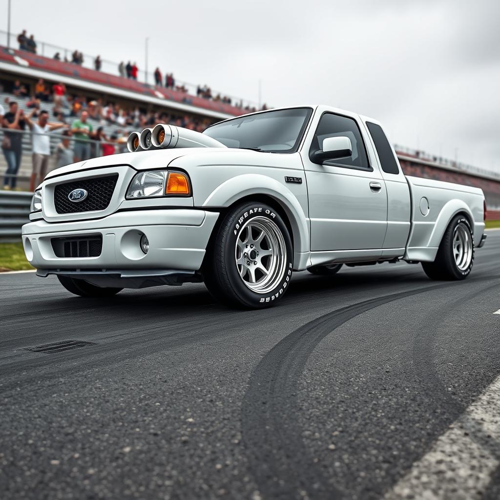 A high-quality image of a lowered, widebody, white 2003 Ford Ranger extended cab, drift-built with twin turbos and white letter tires