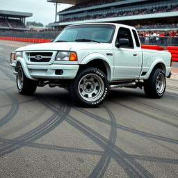 A high-quality image of a lowered, widebody, white 2003 Ford Ranger extended cab, drift-built with twin turbos and white letter tires