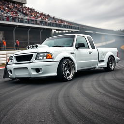 A high-quality image of a lowered, widebody, white 2003 Ford Ranger extended cab, drift-built with twin turbos and white letter tires