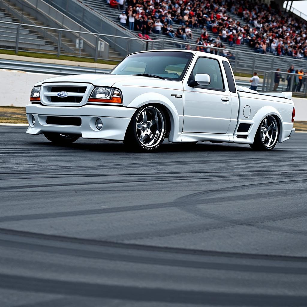 A high-quality image of a lowered, widebody, white 2003 Ford Ranger extended cab, drift-built with twin turbos, American Racing five-star chrome rims, and white letter tires