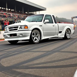 A high-quality image of a lowered, widebody, white 2003 Ford Ranger extended cab, drift-built with twin turbos, American Racing five-star chrome rims, and white letter tires