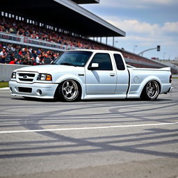 A high-quality image of a lowered, widebody, white 2003 Ford Ranger extended cab, drift-built with twin turbos, American Racing five-star chrome rims, and white letter tires