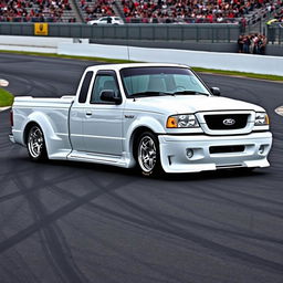 A high-quality image of a lowered, widebody, white 2003 Ford Ranger extended cab, drift-built with twin turbos, American Racing five-star chrome rims, and white letter tires