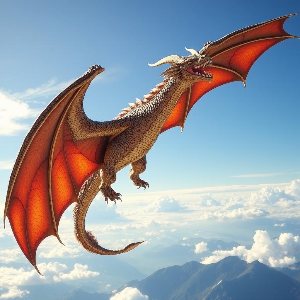 A majestic dragon soaring through the sky, its scales glistening in the sunlight