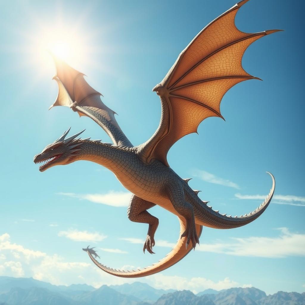 A majestic dragon soaring through the sky, its scales glistening in the sunlight