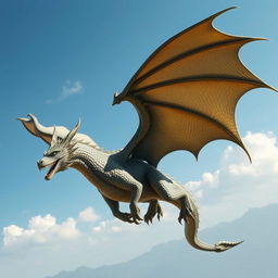 A majestic dragon soaring through the sky, its scales glistening in the sunlight