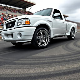 A high-quality image of a lowered, widebody, white 2003 Ford Ranger extended cab, drift-built with American Racing five-star chrome rims and white letter tires