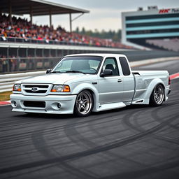 A high-quality image of a lowered, widebody, white 2003 Ford Ranger extended cab, drift-built with American Racing five-star chrome rims and white letter tires