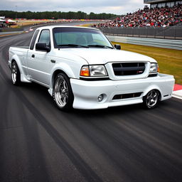 A high-quality image of a lowered, widebody, white 2003 Ford Ranger extended cab, drift-built with American Racing five-star chrome rims and white letter tires