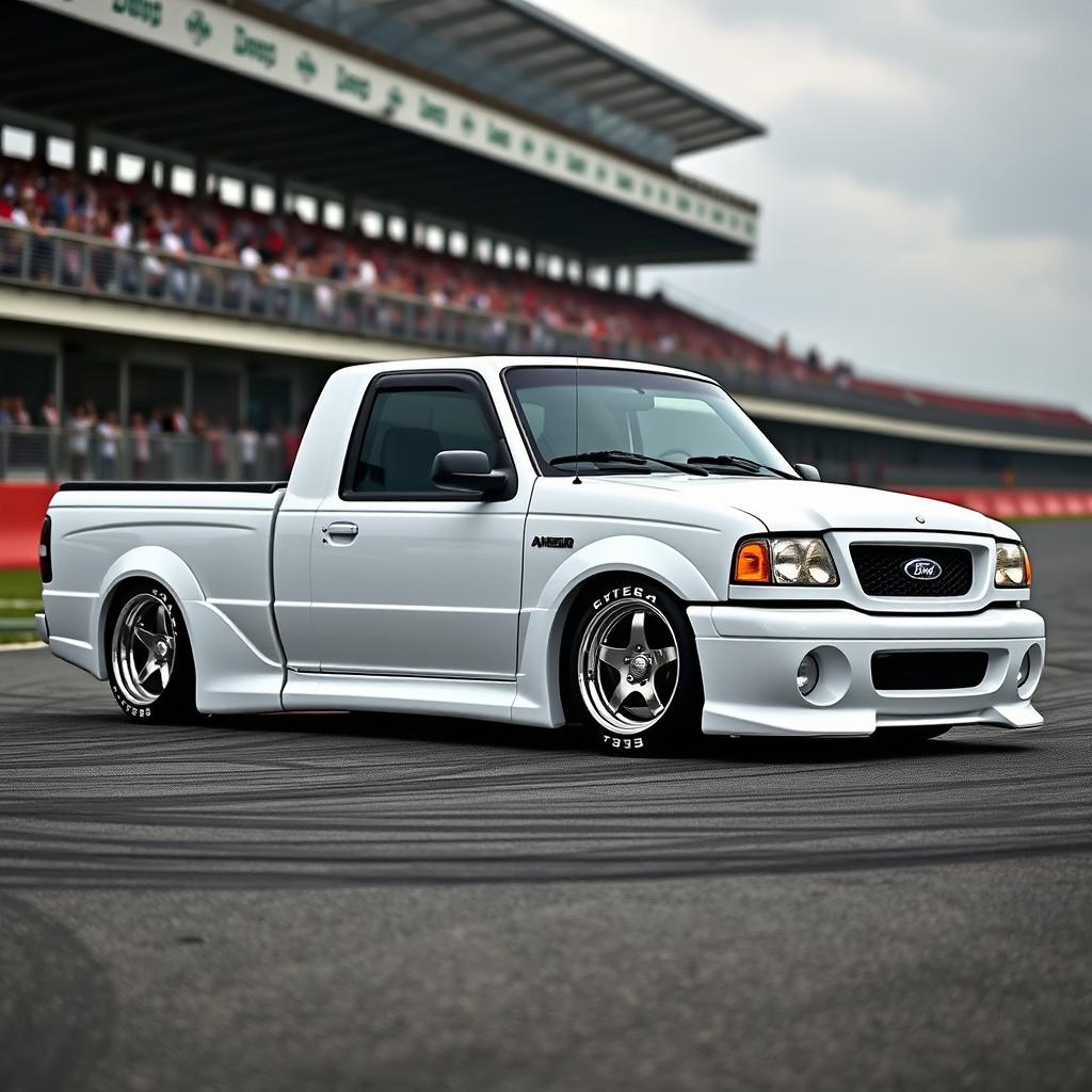 A high-quality image of a lowered, widebody, white 2003 Ford Ranger extended cab, drift-built with American Racing five-star chrome rims and white letter tires