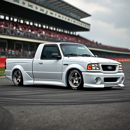 A high-quality image of a lowered, widebody, white 2003 Ford Ranger extended cab, drift-built with American Racing five-star chrome rims and white letter tires