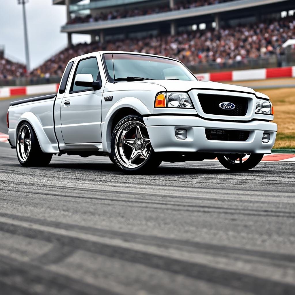 A high-quality image of a lowered, widebody, white 2003 Ford Ranger extended cab, drift-built with American Racing five-star chrome rims and white letter tires