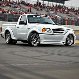 A high-quality image of a lowered, widebody, white 2003 Ford Ranger extended cab, drift-built with American Racing five-star chrome rims and white letter tires