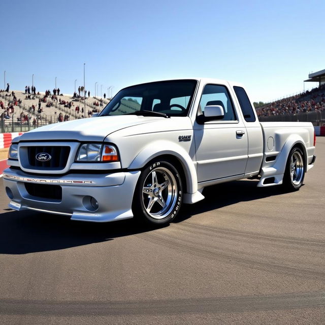 A high-quality image of a lowered, widebody, white 2003 Ford Ranger extended cab, drift-built with American Racing five-star chrome rims and white letter tires