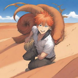 A manga boy with vibrant orange hair is riding a giant sand worm across a vast desert