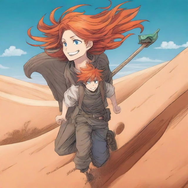 A manga boy with vibrant orange hair is riding a giant sand worm across a vast desert