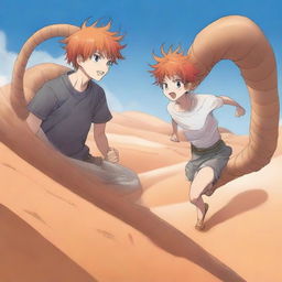 A manga boy with vibrant orange hair is riding a giant sand worm across a vast desert