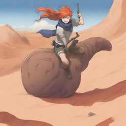 A manga boy with vibrant orange hair is riding a giant sand worm across a vast desert