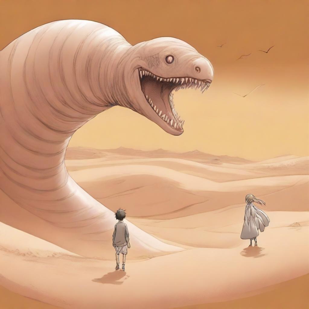 A manga boy is riding a giant sand worm through a vast desert