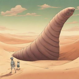 A manga boy is riding a giant sand worm through a vast desert