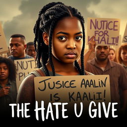 Create a movie poster for 'The Hate U Give' featuring 16-year-old Starr, played by Amandla Stenberg with long braids, in the front