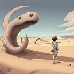 A manga boy is riding a giant sand worm through a vast desert