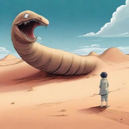 A manga boy is riding a giant sand worm through a vast desert