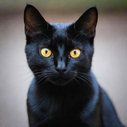 A sleek, black cat with bright, shining eyes, glossy coat, and an eerie semblance of malicious intent.