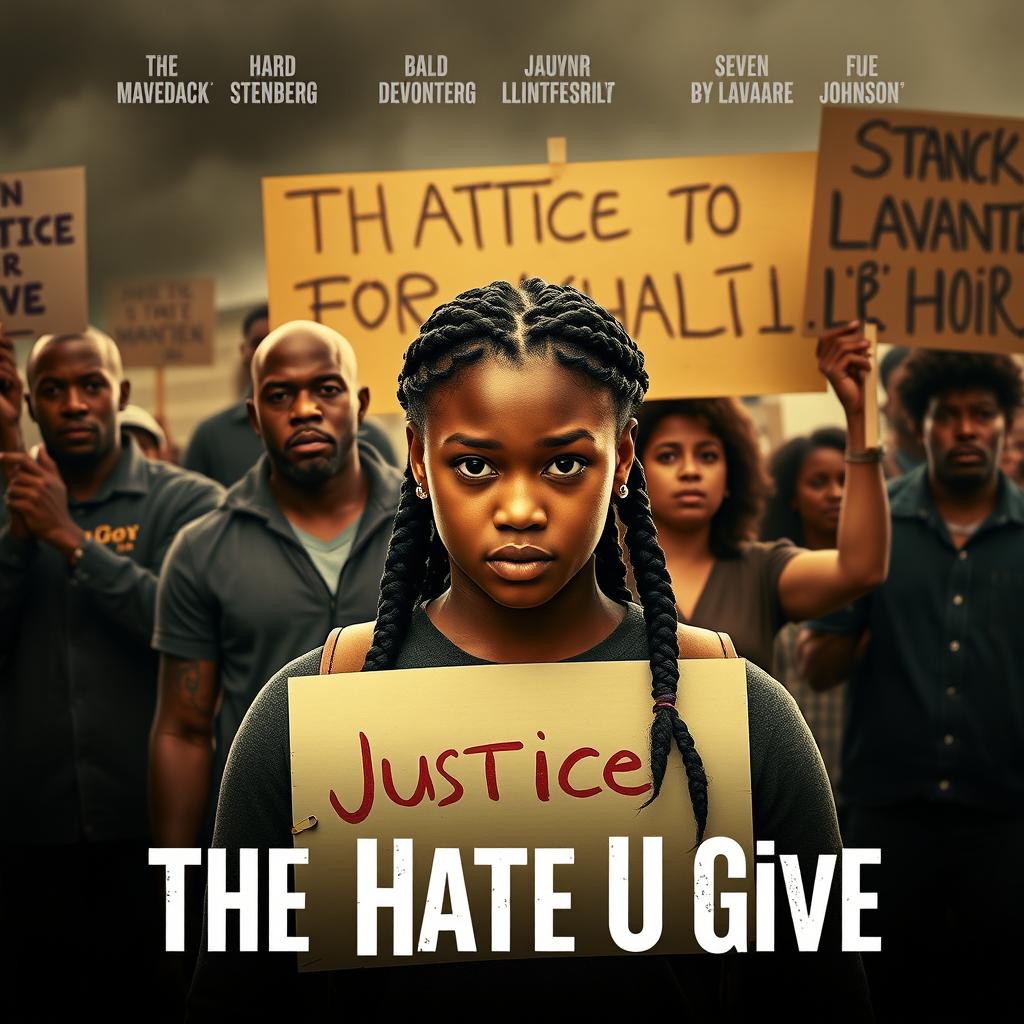 Create a movie poster for 'The Hate U Give' featuring 16-year-old Starr, played by Amandla Stenberg with long braids, in the front