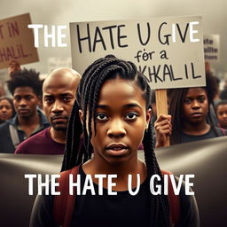 Create a movie poster for 'The Hate U Give' featuring 16-year-old Starr, played by Amandla Stenberg with long braids, in the front