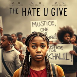 Create a movie poster for 'The Hate U Give' featuring 16-year-old Starr, played by Amandla Stenberg with long braids, in the front