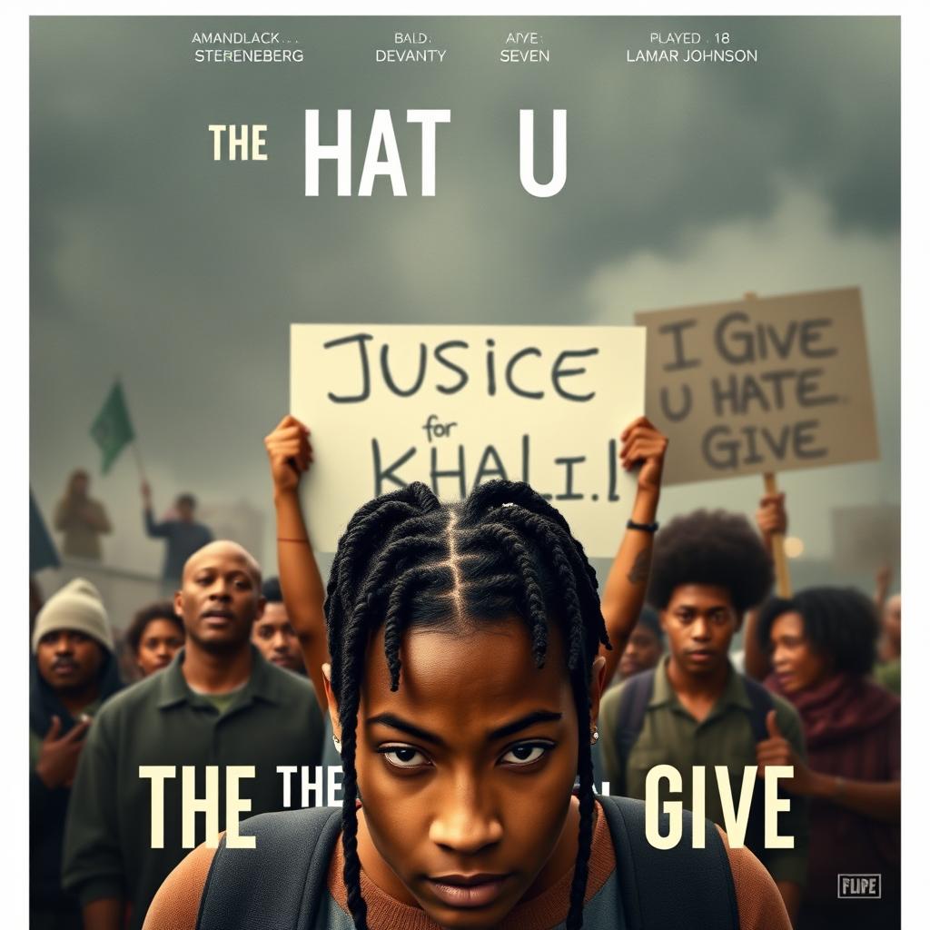 Create a movie poster for 'The Hate U Give' featuring 16-year-old Starr, played by Amandla Stenberg with long braids, in the front